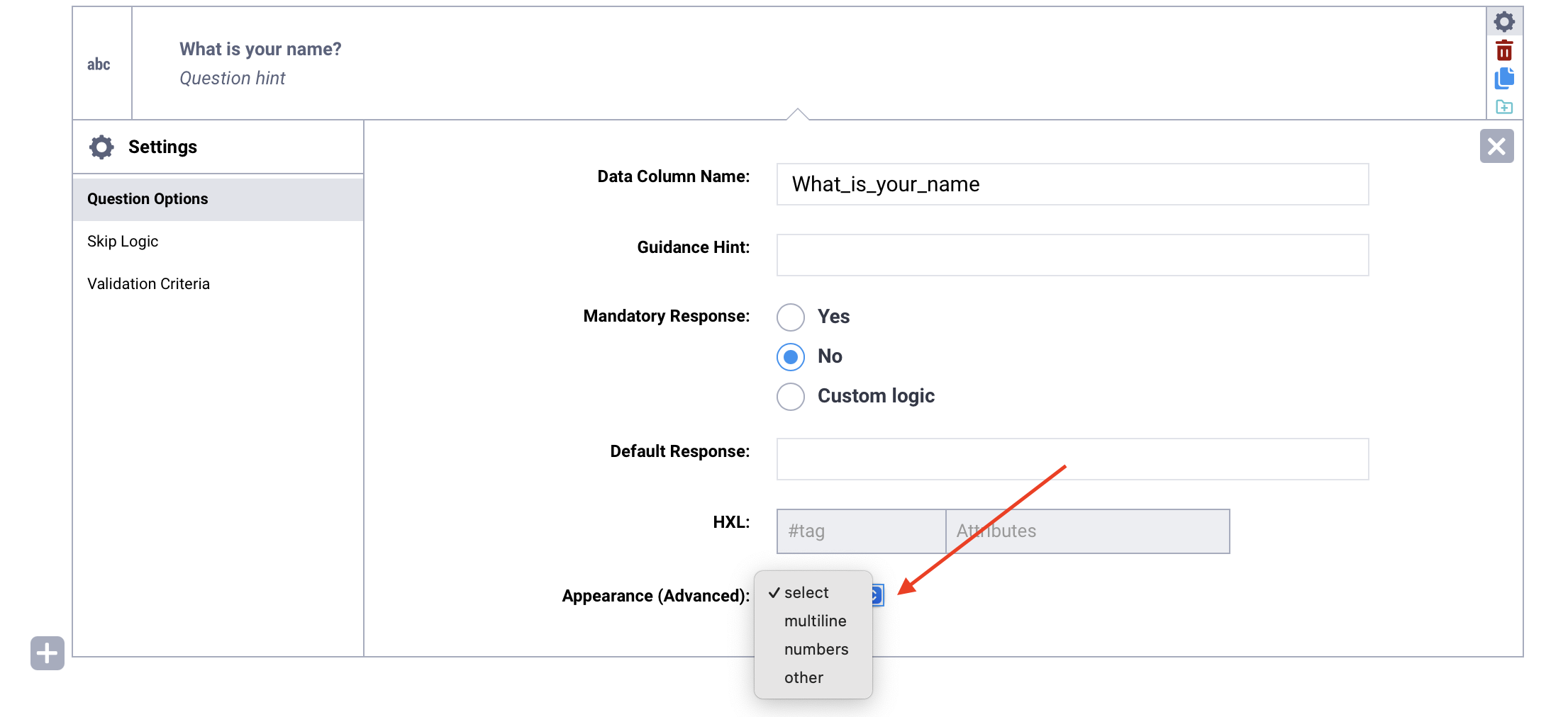 Choose text question appearance