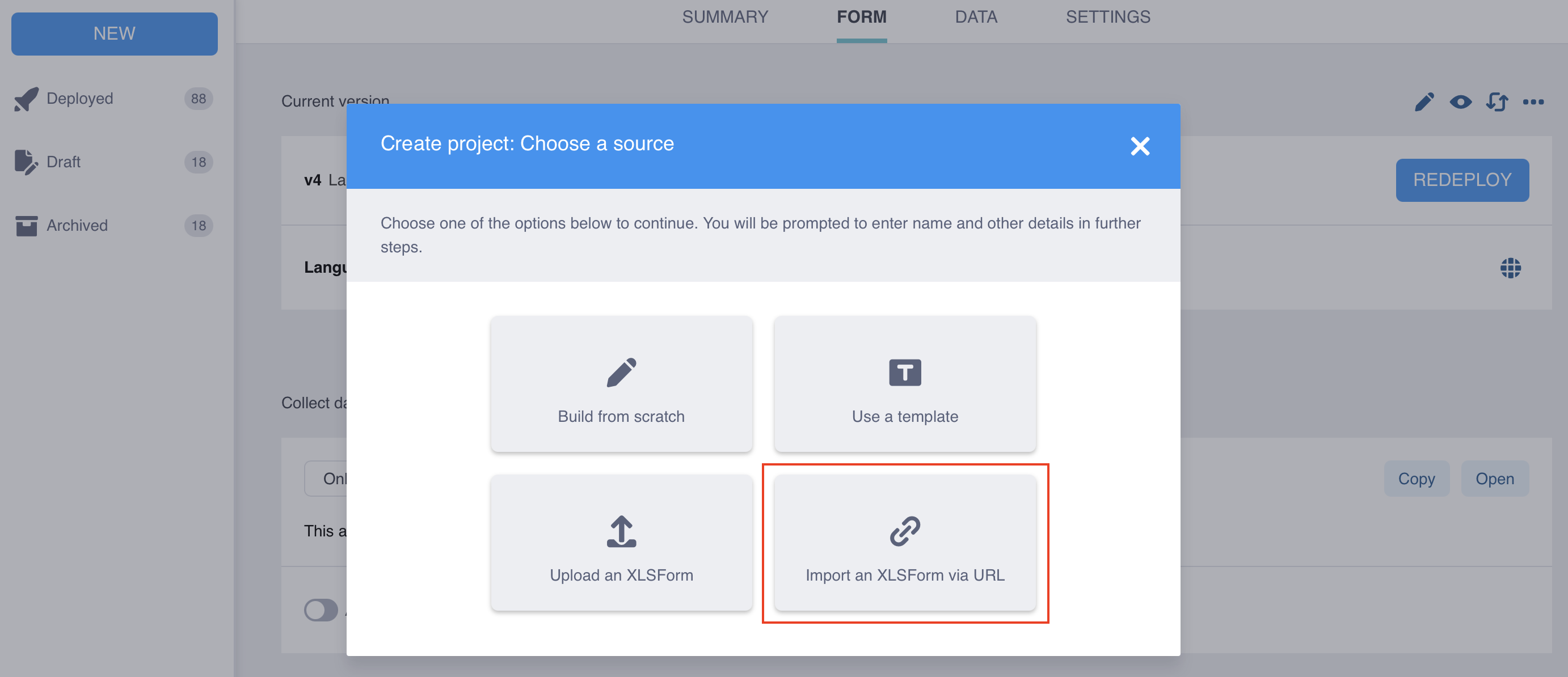 Import XLSForm via URL dialog