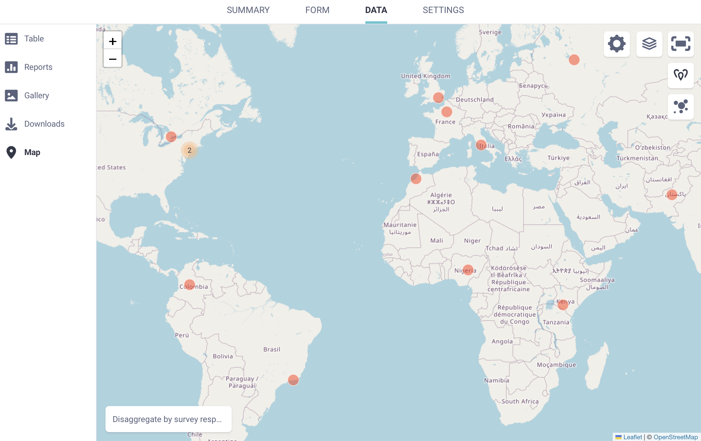 World map with orange geopoints in different countries