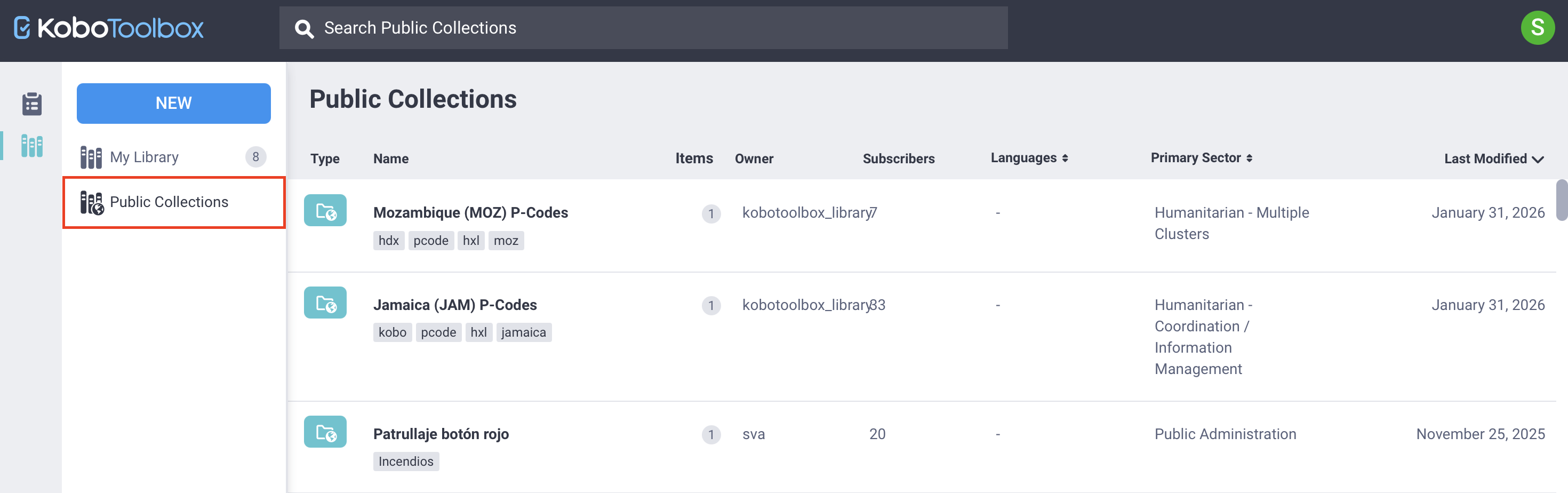 Public collections tab