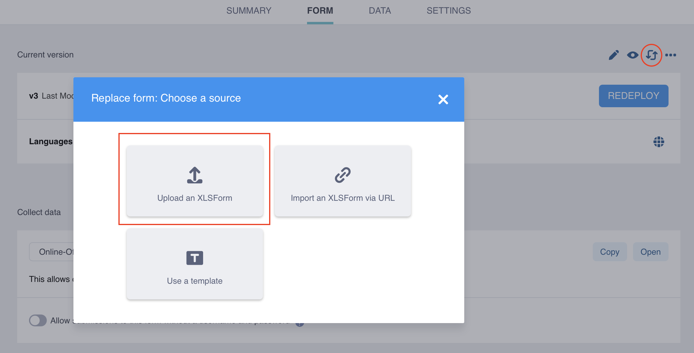 Replace form source dialog