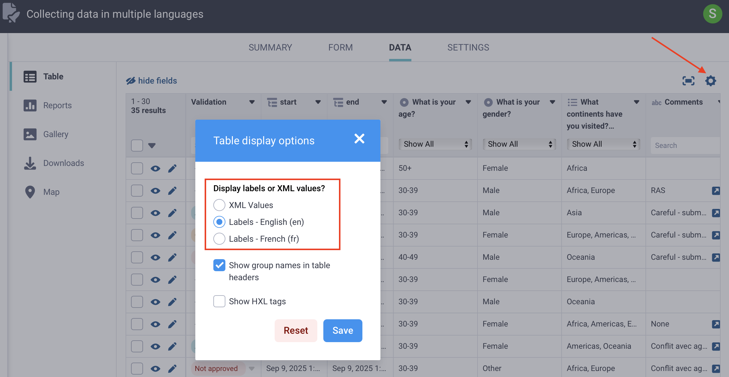 Display options table view