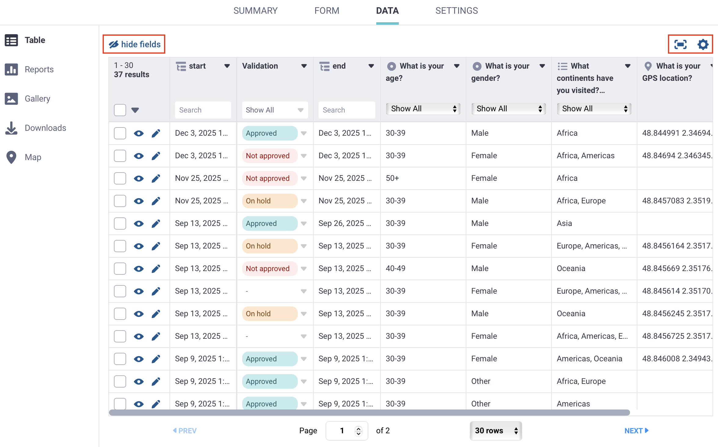Choose fields to display in data table