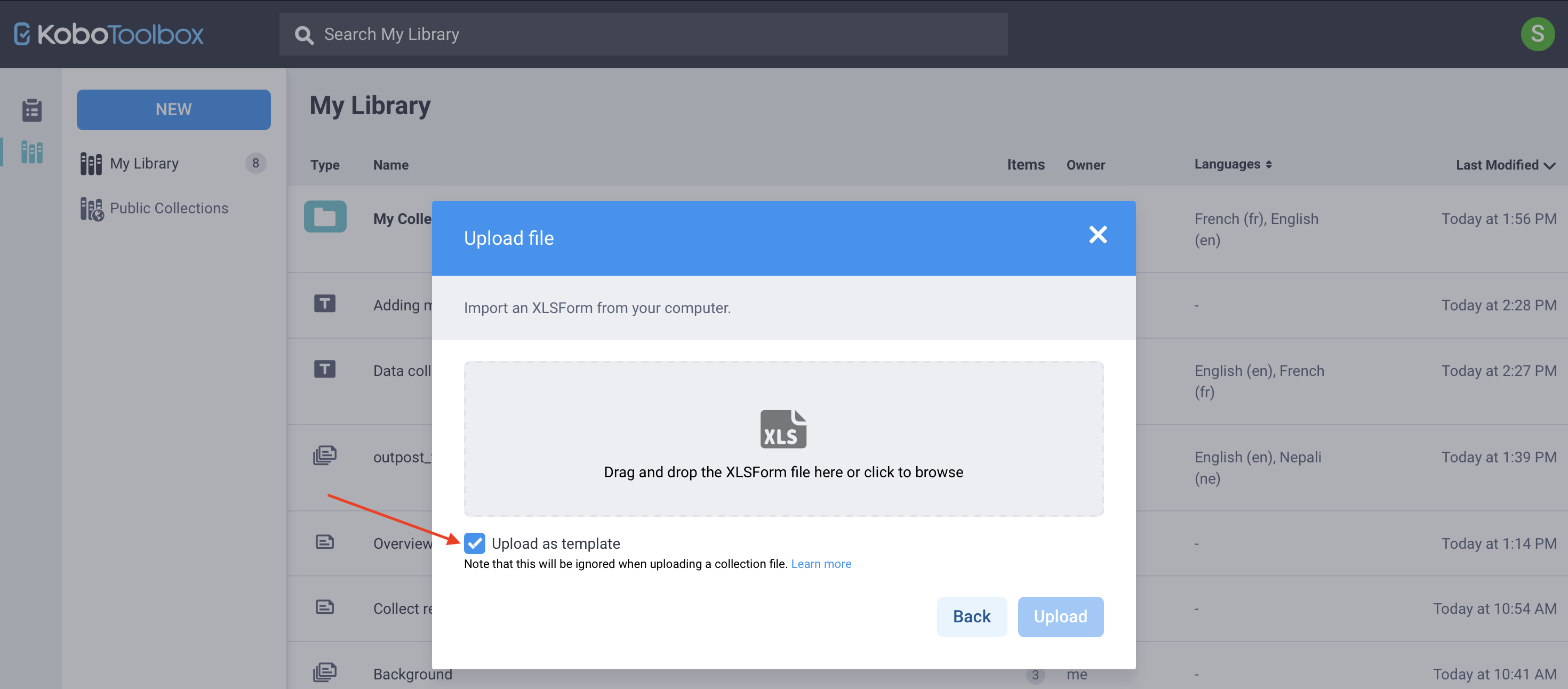 Upload template to library