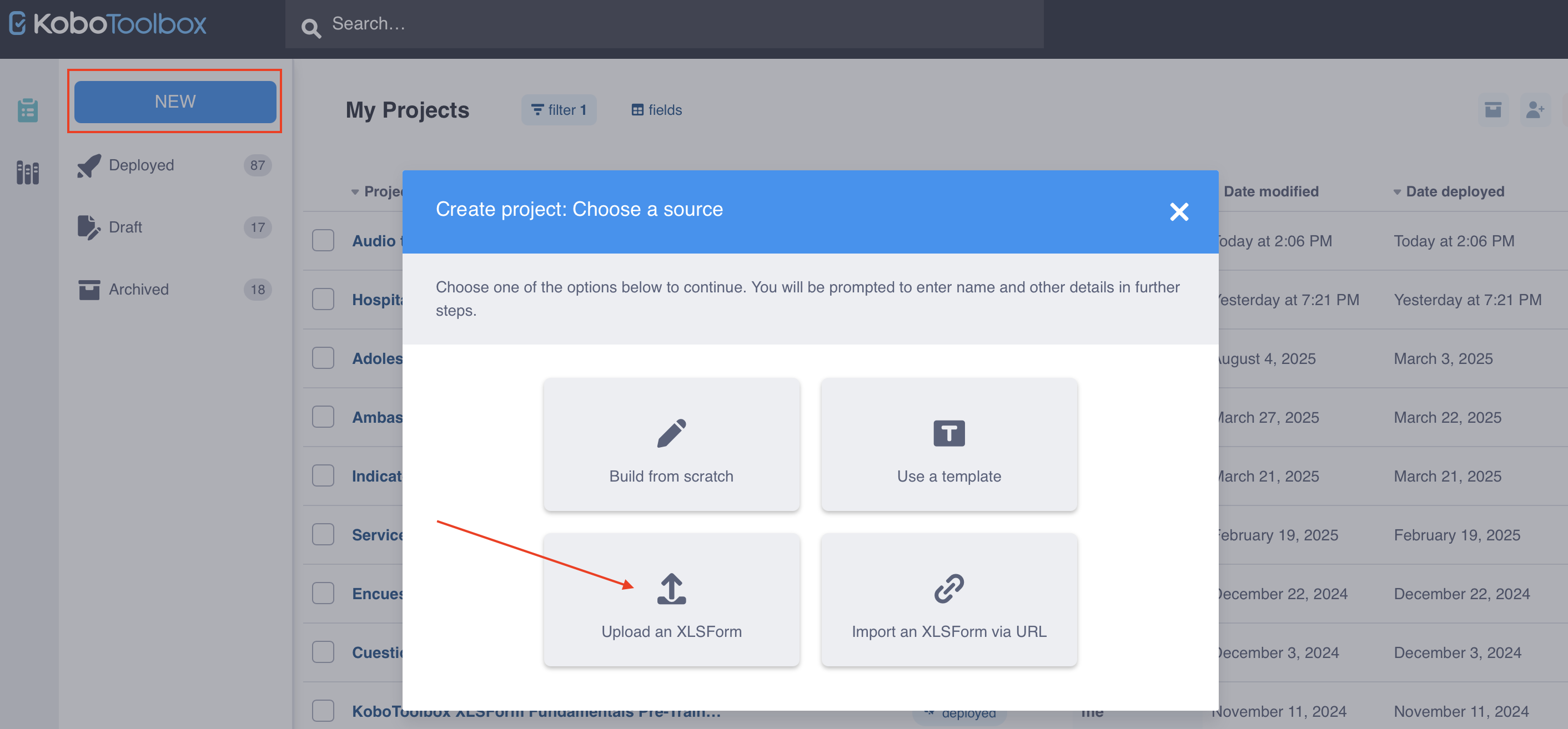 Upload XLSForm dialog