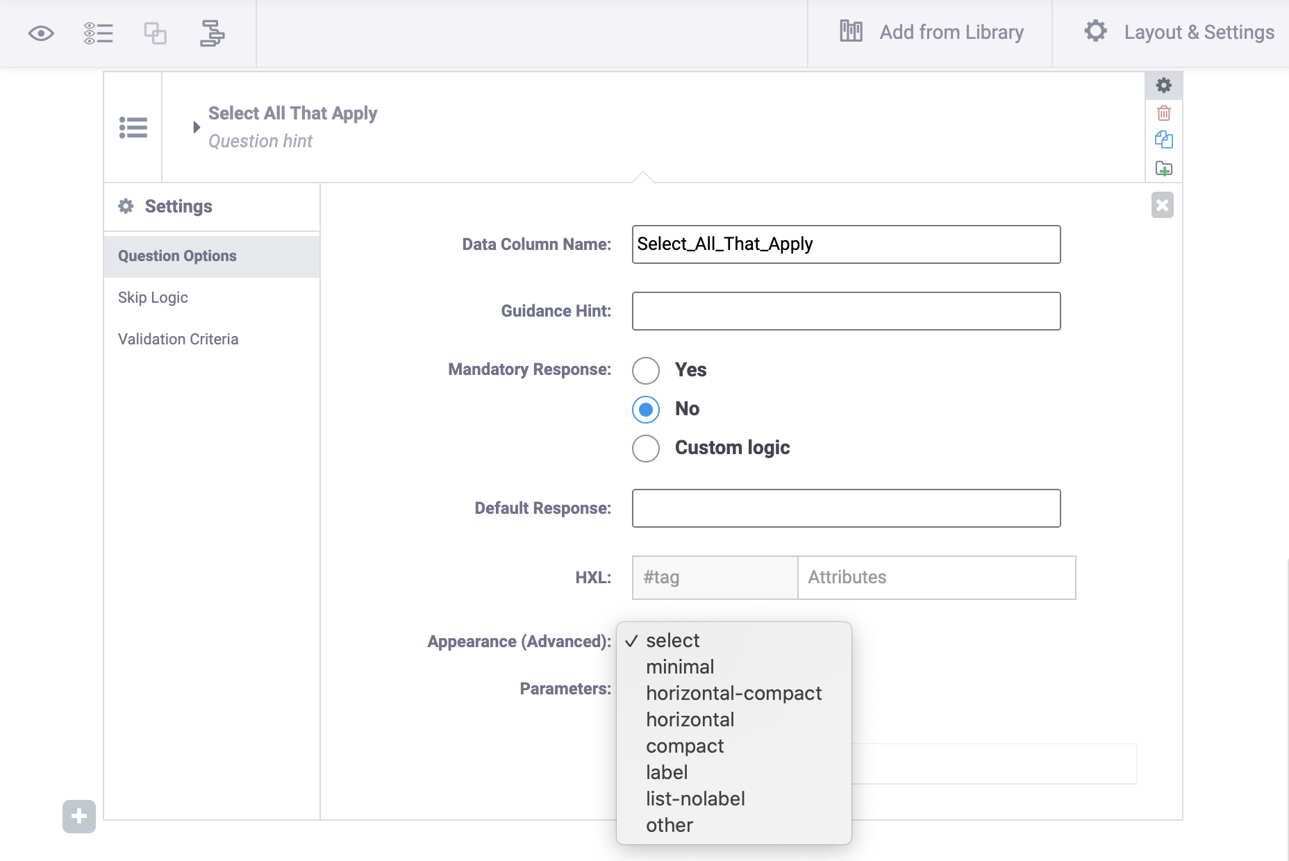 خيارات مظهر السؤال