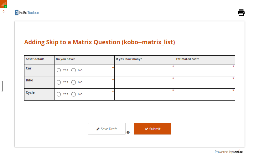 Empty Enketo Form kobo_matrix Approach