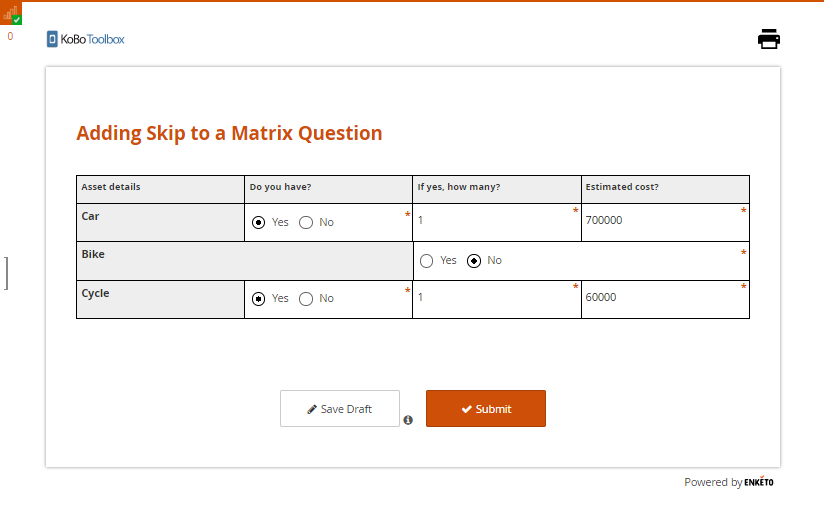 Formulaire Enketo rempli approche interface de création de formulaires