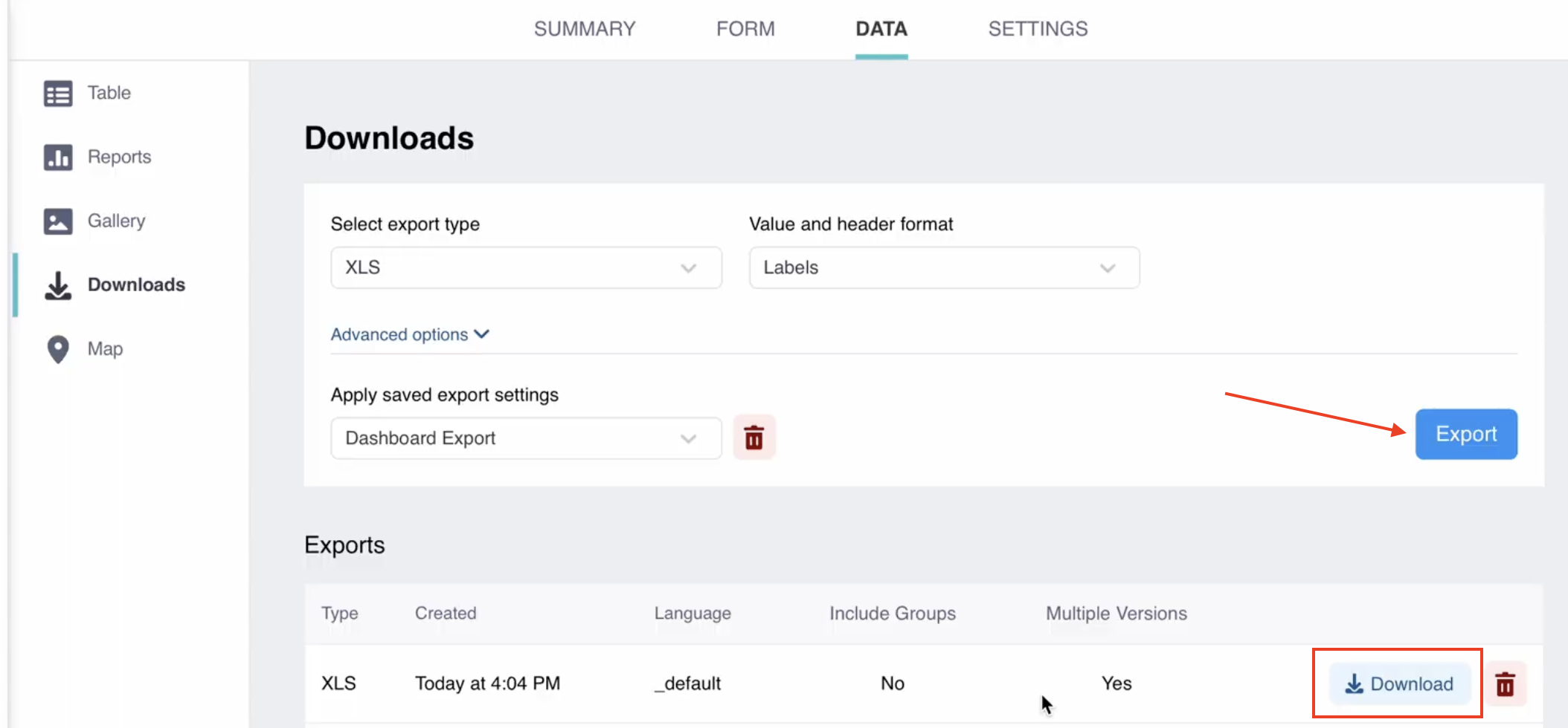 Exporting data example